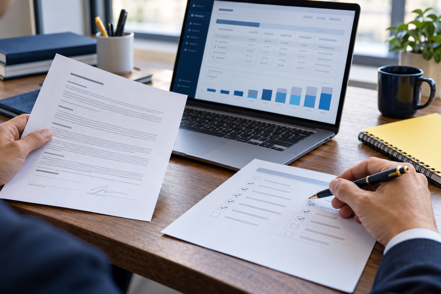 Accountant comparing a service contract, revenue schedule and delivery checklist