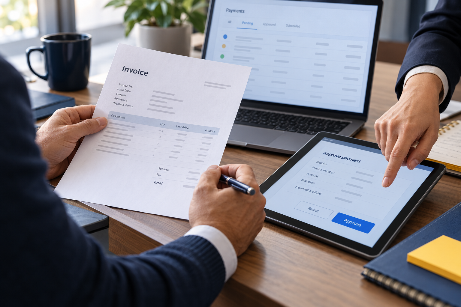 Two colleagues checking a supplier invoice before approving payment