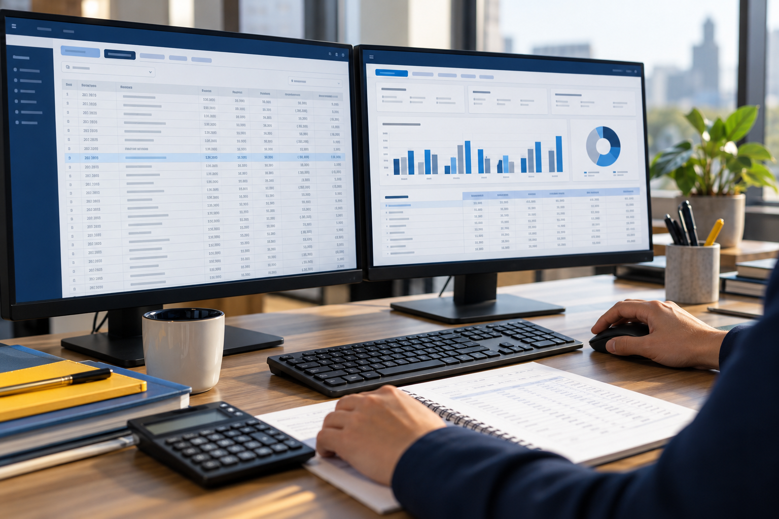 Connected ledger and consolidated reporting views at a finance workstation
